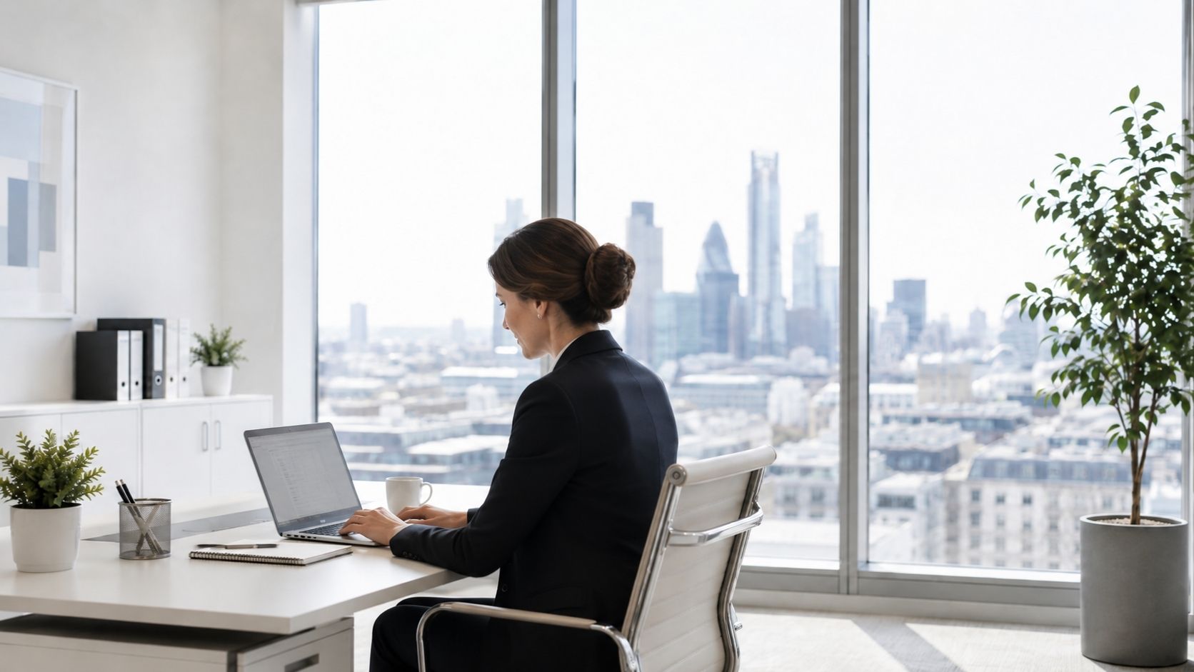 Empty office desk against a bright window