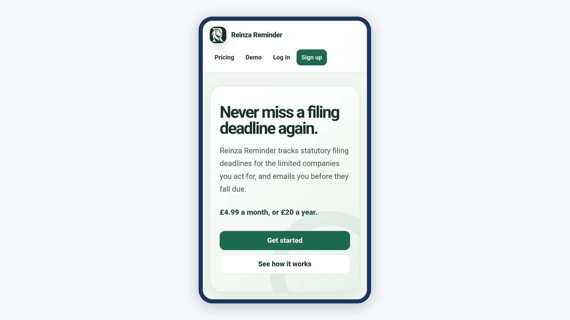 Reinza Reminder home page