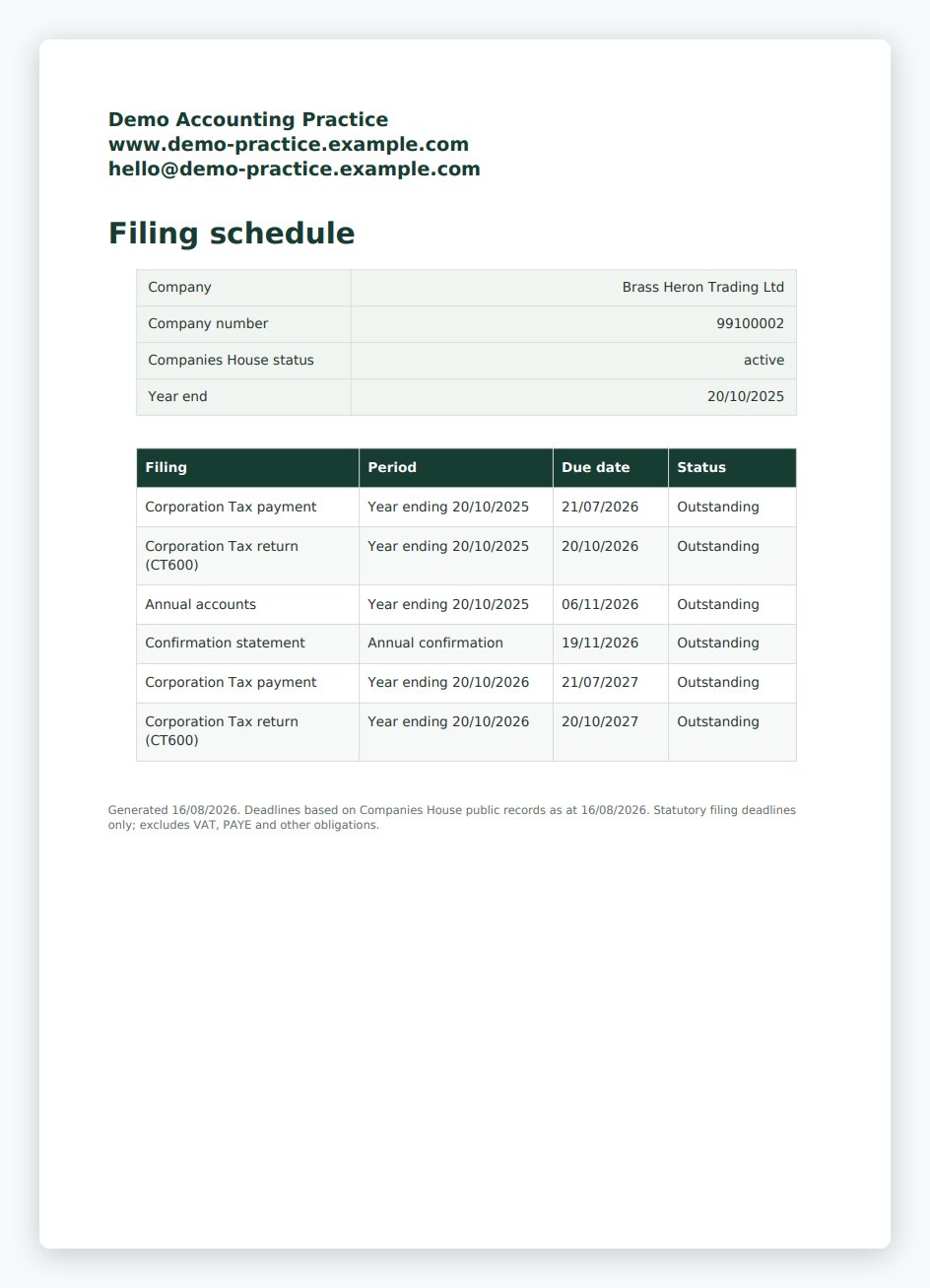 PDF filing schedule with the practice's own letterhead