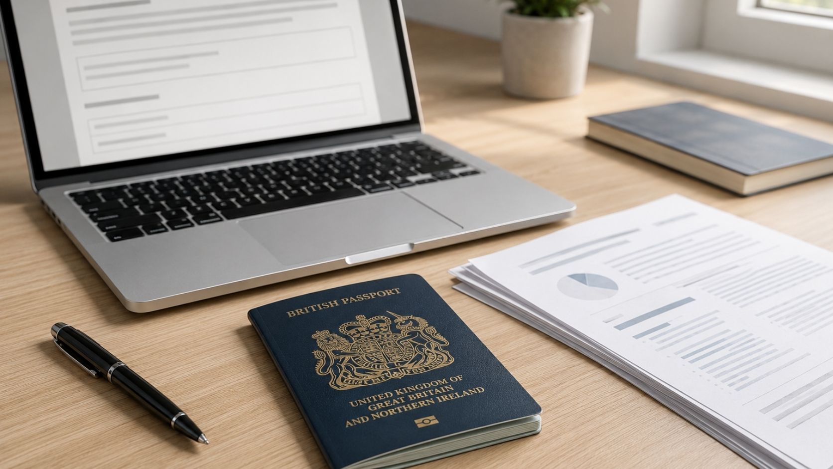 UK passport and documents on a desk